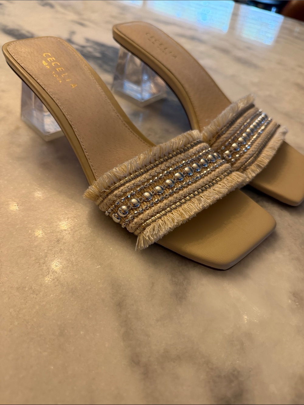 CECELIA NEW YORK Beige Embellished Fringe CINDER Slide Mules 7.5 - Picture 3 of 12